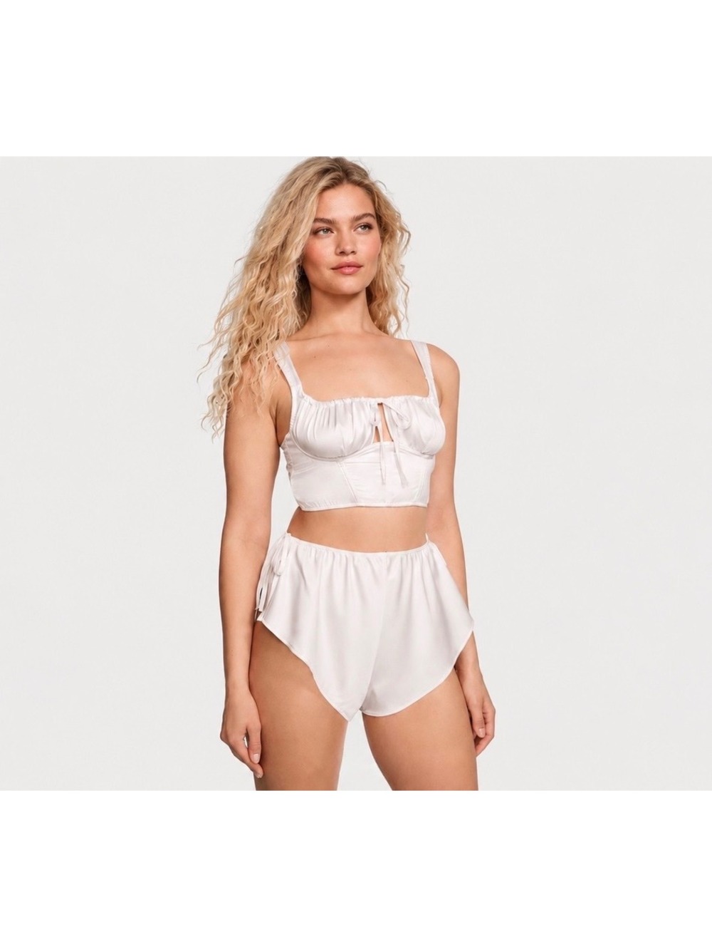 Women’s Sz M Victoria’s Secret White Satin Corset Bra Top & Short Set Sexy NWOT